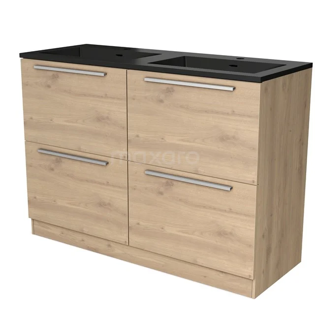 Houten badkamermeubel met dubbele zwarte wastafel, moderne handgrepen en vier lades, ideaal voor stijl en opbergruimte.