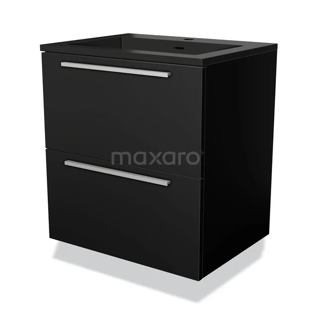 Zwarte, moderne badkamermeubel met twee lades en een keramische wastafel, perfect voor een stijlvolle badkamer inrichting.