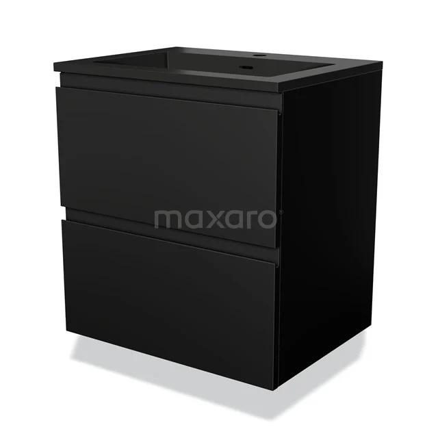 Zwarte badkamerkast met twee lades, mat afwerking, modern design, geschikt voor wastafelmontage in stijlvolle badkamer.