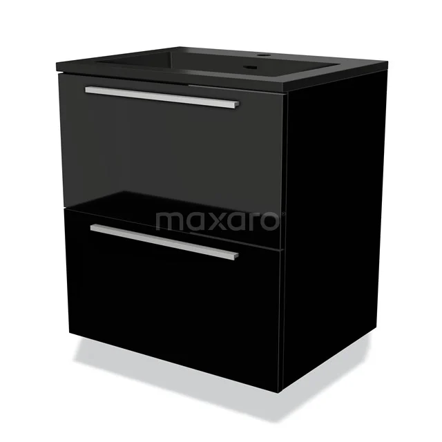 Zwarte glanzende badkamermeubelset met twee lades en chromen handgrepen, modern design en compacte afmetingen.