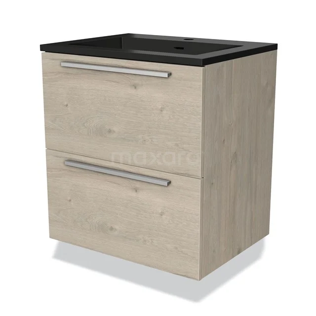 Houten badkamermeubel met twee lades, zwarte wastafel en metalen handgrepen; modern design voor een stijlvolle badkamer.