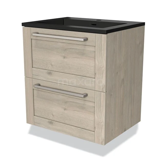 Houten badkamermeubel met 2 lades, zwart wastafelblad, modern design, ideaal voor opbergruimte in kleine badkamers.