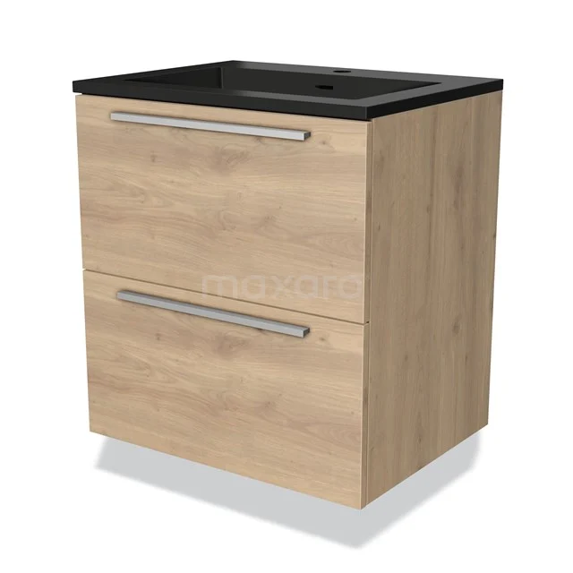 Houten badkamermeubel met twee lades, zwart wastafelblad, compact design; ideaal voor moderne badkamers.