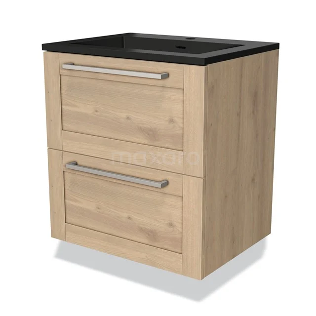 Houten badkamerkast met twee lades, zwart wastafelblad, ideaal voor badkameropslag in een moderne stijl.