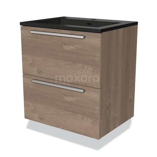 Houten badkamermeubel met 2 lades, donkerblauwe wastafel, modern design. Ideaal voor een stijlvolle badkamer inrichting.