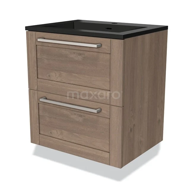 Houten badkamermeubel met twee lades, zwarte wastafel en metalen handgrepen; moderne stijl voor de badkamer.