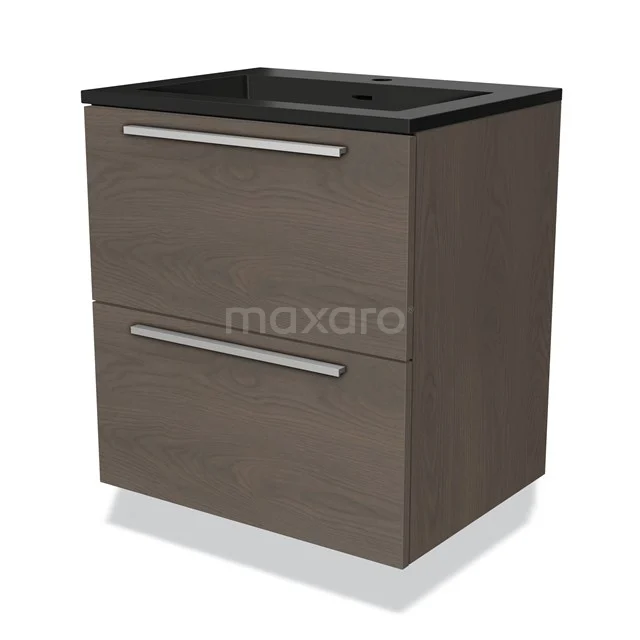 Houten badkamermeubel met twee lades, donkerbruin, zwarte wastafel, strak design. Perfect voor moderne badkamers.