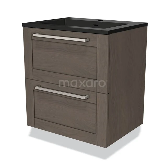 Badkamermeubel houtlook met zwart wastafelblad, compact design, twee lades en moderne metalen grepen voor praktische opbergruimte.
