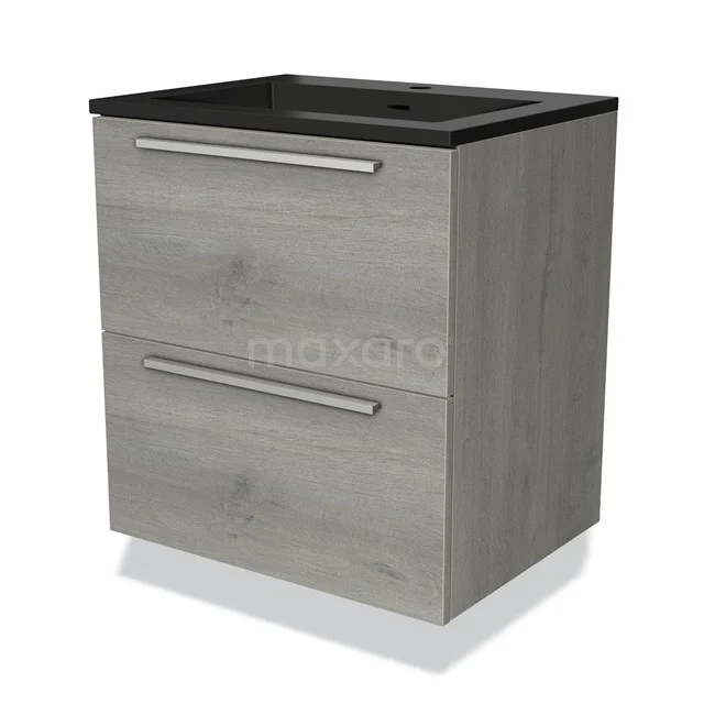 Grijze hangende badkamerkast met twee lades en zwart wastafelblad, moderne houtlook, ideaal voor compacte badkamers.