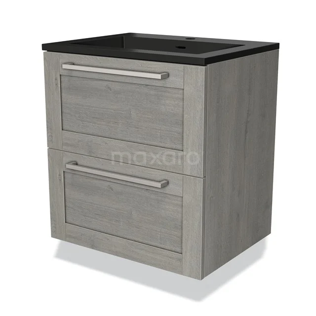 Grijze badkamermeubelset met twee lades, zwart wastafelblad, houtlook design, ideaal voor een moderne badkamerstijl.