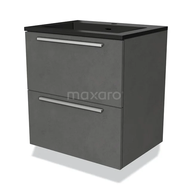 Grijze badkamerkast met zwarte wastafel, twee laden en strakke handgrepen, ideaal voor compacte en moderne badkamerinrichting.