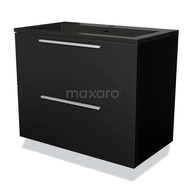 Zwarte badkamermeubel met twee laden, modern design, mat afwerking, geschikt voor wastafel. Elegante opbergoplossing.