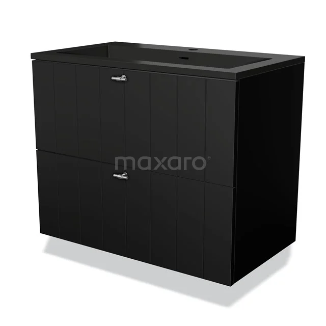 Zwarte badkamermeubel met twee lades, modern design, mat afwerking, ideaal voor opbergruimte in de badkamer.
