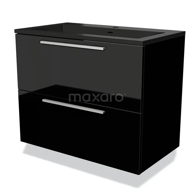 Zwarte badkamerkast met dubbele lades, hoogglans afwerking en strak design, ideaal voor moderne badkamers.