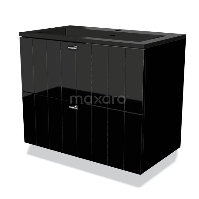 Black high-gloss black bathroom cabinet with two drawers, minimalist design, ideal for stylish and modern bathroom storage.