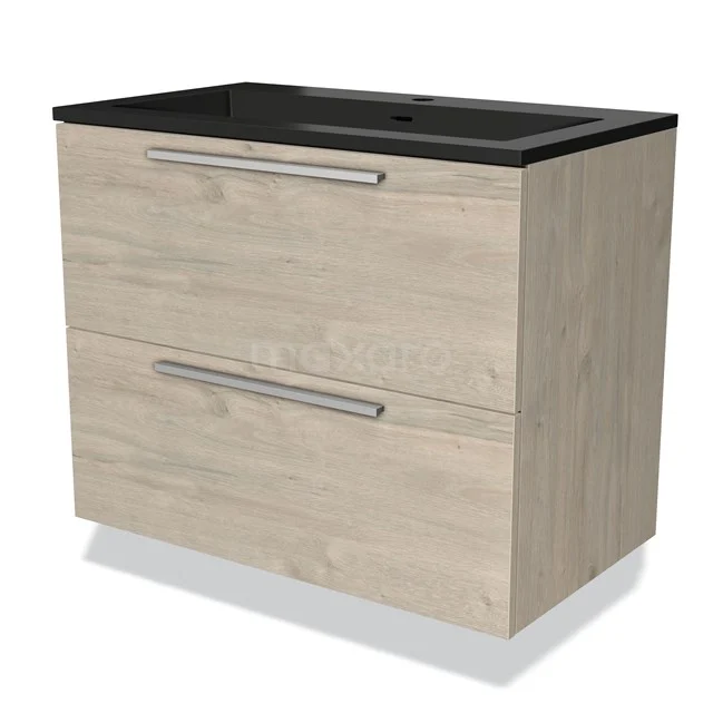 Wooden bathroom unit with two drawers and black basin worktop, perfect for modern bathrooms.