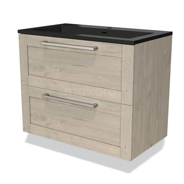 Badkamermeubel houtlook met zwarte wastafel, twee lades en metalen handgrepen; stijlvol en modern design.