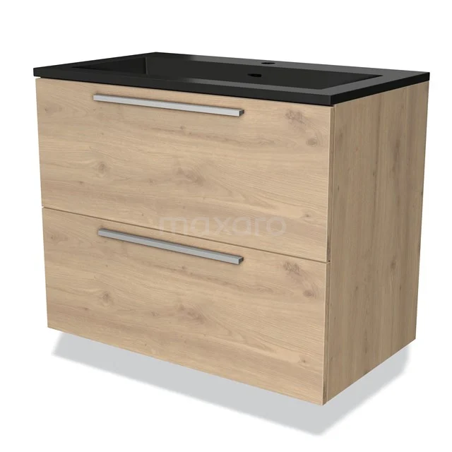 Houten badkamermeubel met zwart wastafelblad, twee lades en metalen handgrepen, modern design voor een stijlvolle badkamer.