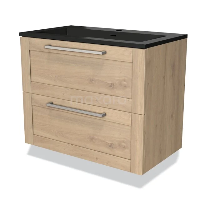 Houten badkamermeubel met twee lades, zwart wastafelblad, modern ontwerp, ideaal voor stijlvolle badkameropslag.