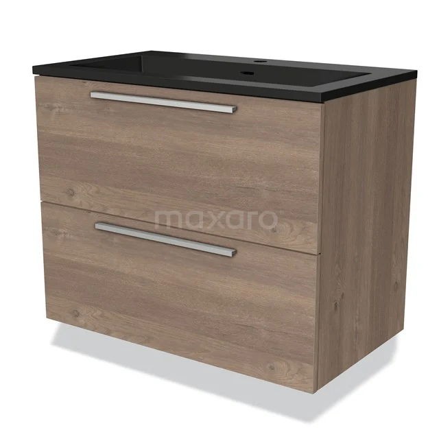 Houten badkamermeubel met twee lades, zwart wastafelblad van keramiek, strak design, ideaal voor moderne badkamers.