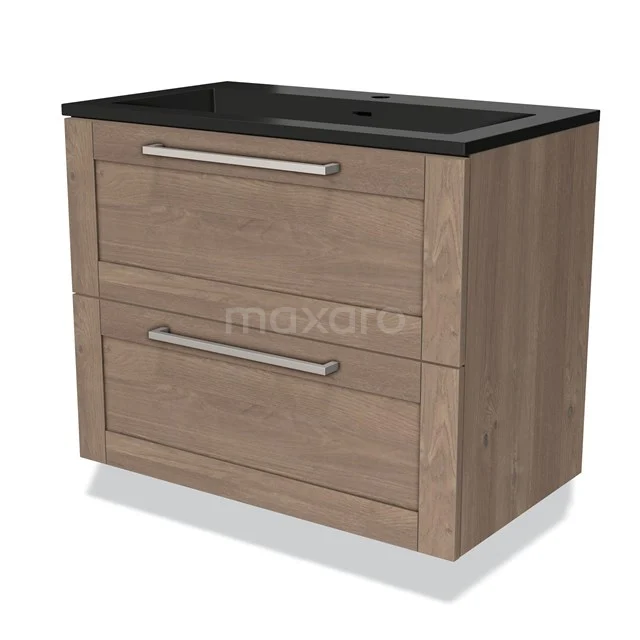 Houten badkamermeubel met twee lades en een zwart wastafelblad, ideaal voor moderne badkameropslag.