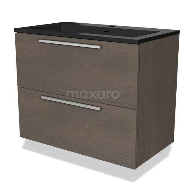 Holz Badezimmermöbel mit zwei Schubladen, schwarzem Waschbecken und metallischen Haltegriffen, modernes Design aus der Premium Nova-Serie.