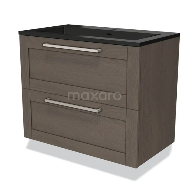 Houten badkamermeubel met donker blad, twee lades en moderne handgrepen, ideaal als stijlvol opbergsysteem in de badkamer.