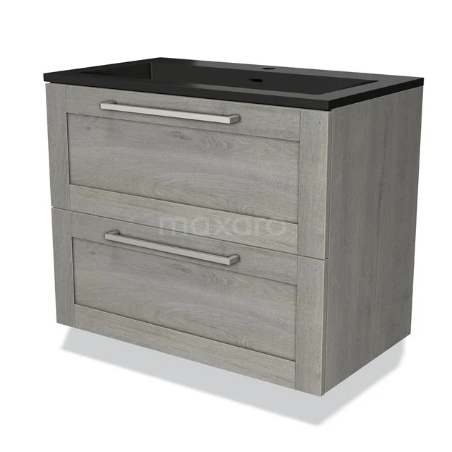 Grijs houten badkamermeubel met zwart wastafelblad, twee lades en metalen handgrepen; modern design voor stijlvolle badkamers.