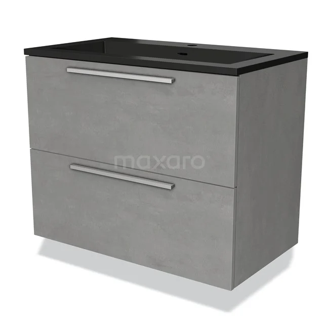 Grauer breiter Badschrank mit zwei Schubladen, schwarzer Waschtischplatte, modernem Design und Betonlook-Oberfläche.