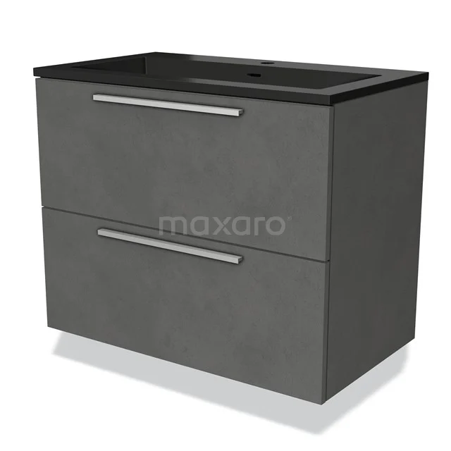 Grijze badkamermeubel, betonlook, met twee lades en zwart wastafelblad, modern design voor stijlvolle badkamerinrichting.