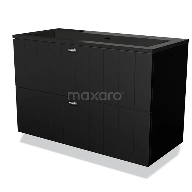 Zwarte dubbele wastafelmeubel, mat afwerking, met twee lades en geïntegreerde wasbak. Perfect voor moderne badkamers.