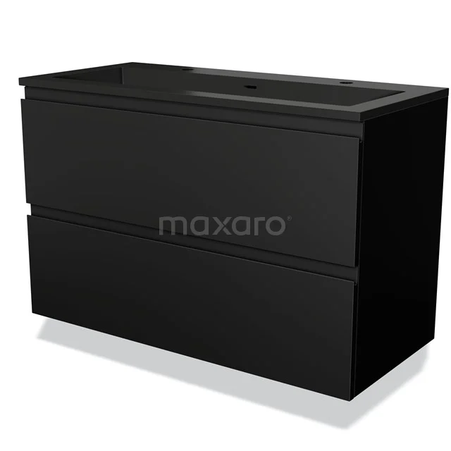 Zwarte badkamerkast met dubbele lades, strakke afwerking, en moderne stijl, perfect voor badkameropslag en organisatie.