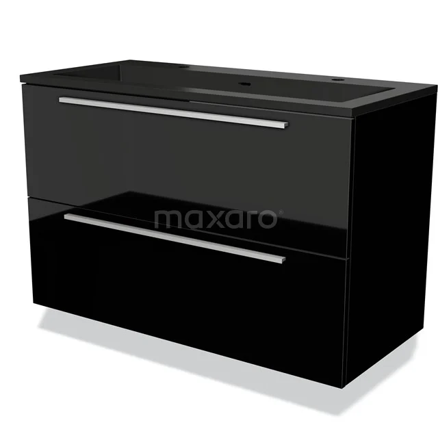 Zwarte badkamerkast met twee brede lades, glanzende afwerking en metalen handgrepen, ideaal voor moderne badkamers.