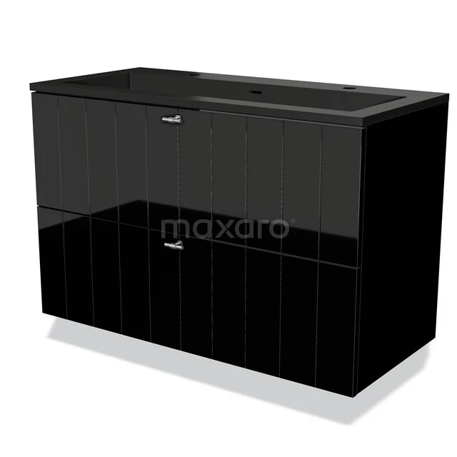 Modulo Badkamermeubel met wastafel | 100 cm Hoogglans zwart Lamel front Quartz 2 lades onder elkaar BMW17-03808