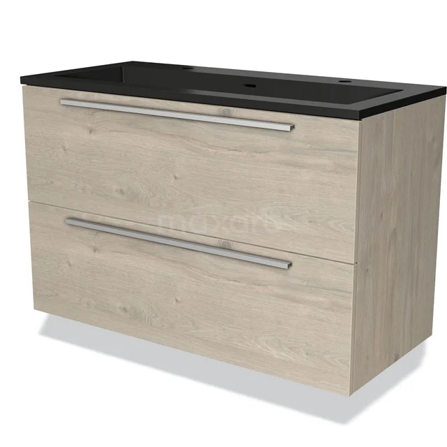 Wooden bathroom cabinet with two drawers, black basin worktop, modern design, ideal for stylish bathroom storage.