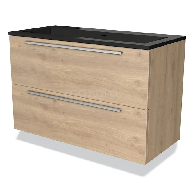 Houten badkamermeubel met twee lades en zwart wastafelblad, ideaal voor een stijlvolle en moderne badkamer inrichting.