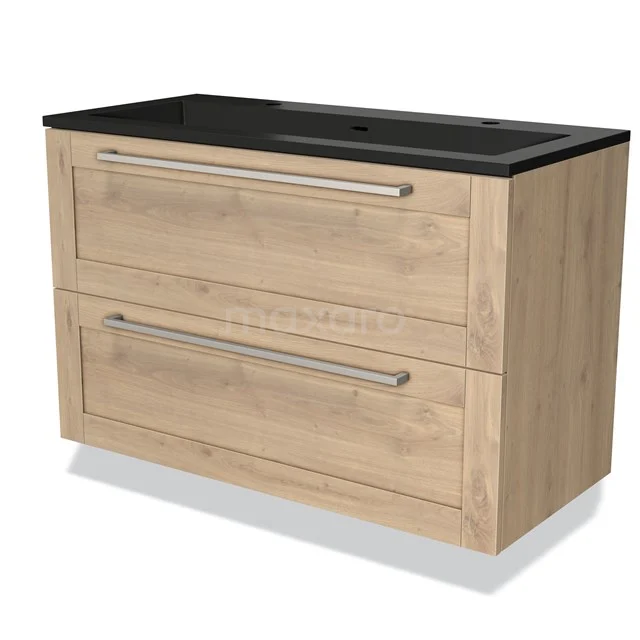 Houten badkamermeubel met zwarte wastafel, twee lades en strak design; ideaal voor een moderne badkamer inrichting.