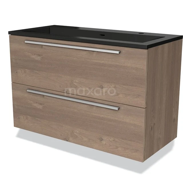 Houten badkamermeubel met twee brede lades, zwarte wastafel en metalen handgrepen, modern design uit premium laminaat collectie.