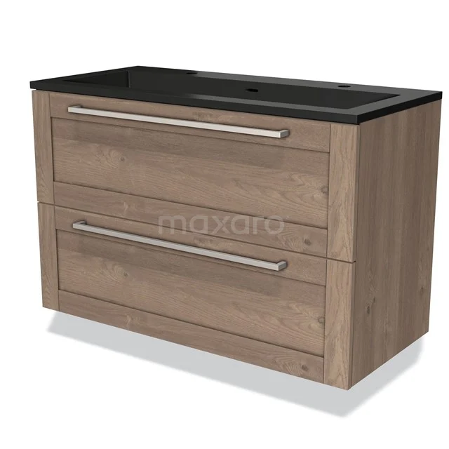 Wooden bathroom unit with two drawers, black metal basin worktop and modern metal handles, ideal for a luxurious bathroom.