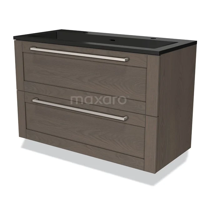 Badmöbel 100cm Modulo dunkelbraune Eiche 2 Schubladen Rahmen Waschbecken Quarz BMW17-03817 Moderne Holz-Badmöbel mit zwei Schubladen und Waschbecken in Schwarz, perfekt für eine stilvolle Badezimmer Einrichtung.