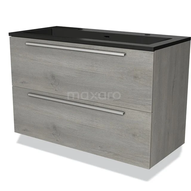 Graues Holz Badezimmermöbel mit zwei Schubladen und einem schwarzen Waschbecken, modernes Design und enthaltene Haltegriffe.