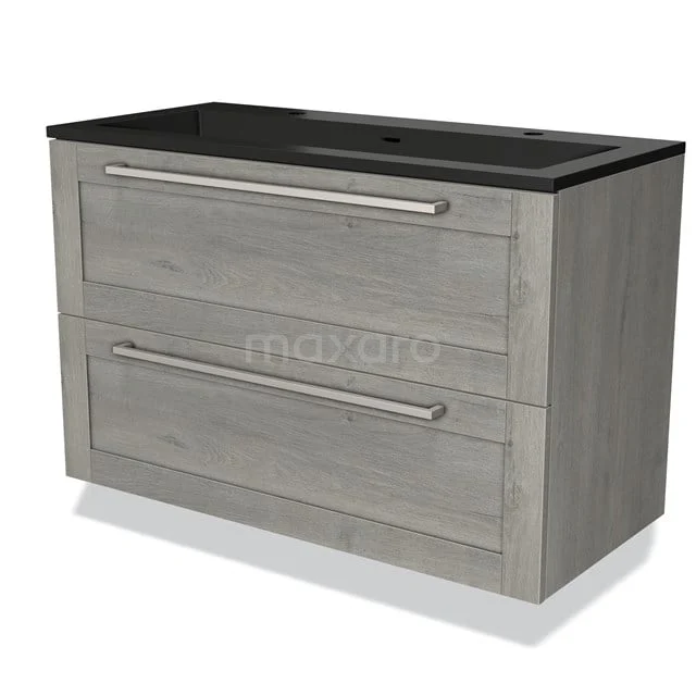 Badmöbel Grau Holzoptik mit schwarzem Waschbecken, 2 Schubladen und modernem Design für stilvolle und funktionale Bäder.