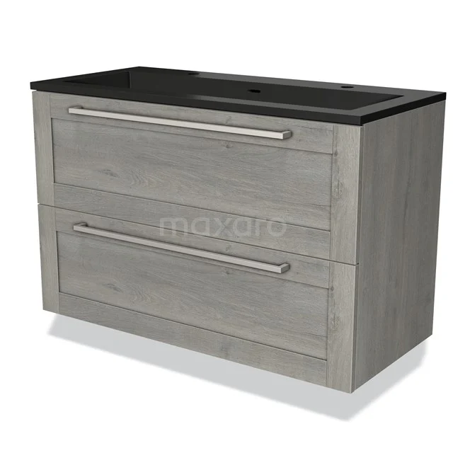 Badkamermeubel grijs houtlook met zwarte wastafel, 2 lades en modern ontwerp voor stijlvolle en functionele badkamers.