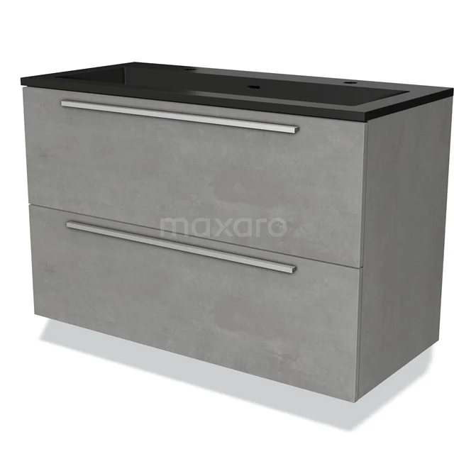 Grey bathroom unit with two drawers, black basin worktop and modern design finish, ideal for stylish bathrooms.