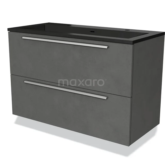 Grey bathroom furniture set with black basin, two drawers and sleek design, ideal for modern bathroom design.