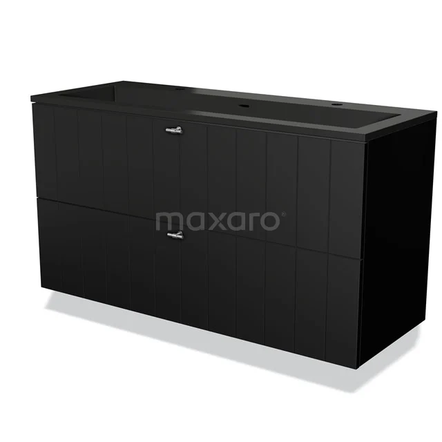 Black bathroom cabinet with double basin, sleek design and matte finish; ideal for modern bathrooms.