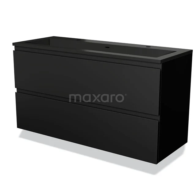 Zwarte badkamermeubel met twee lades, strak design, mat afwerking; ideaal voor een moderne badkamer inrichting.