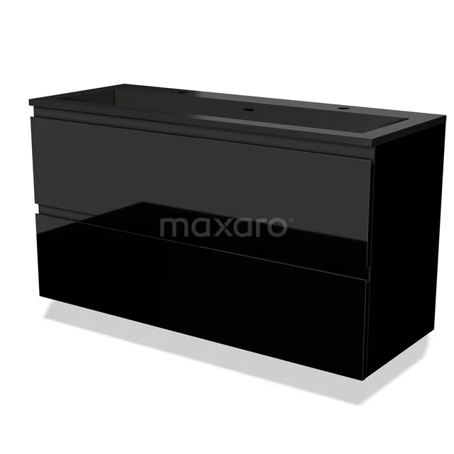 Zwarte badkamermeubel met twee lades, glanzend afwerking en geïntegreerde wastafel, modern design.