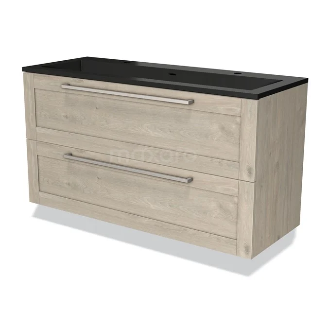 Houten badkamermeubel met twee lades, zwarte wastafel, modern design, perfect voor opbergen in een stijlvolle badkamer.