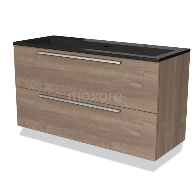 Houten badkamermeubel met twee lades, zwart mineraal wastafelblad, modern design, ideaal voor stijlvolle badkamers.